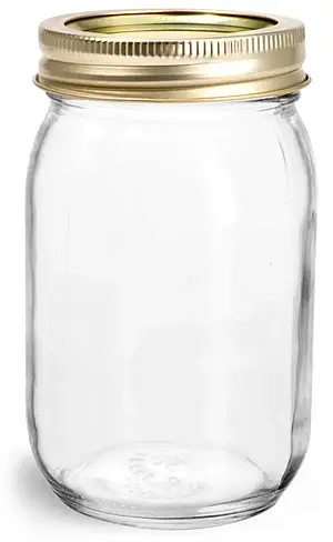 16 oz Glass Jars, Clear Glass Mayo/Economy Jars w/ Gold Two Piece Canning Lids