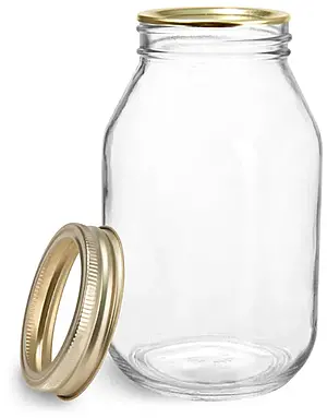 32 oz Glass Jars, Clear Glass Mayo/Economy Jars w/ Gold Two Piece Canning Lids