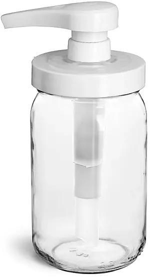8 oz Glass Jars, Clear Glass Mayo/Economy Jars w/ White PP Pumps