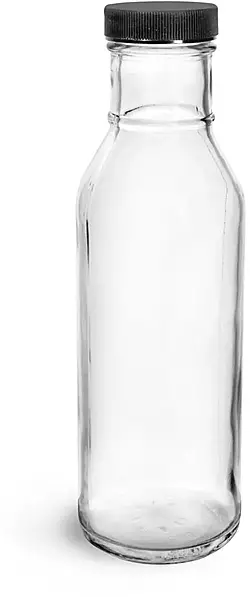 12 oz Clear Glass Barbecue Sauce Bottles w/ Ribbed Black Lined Caps