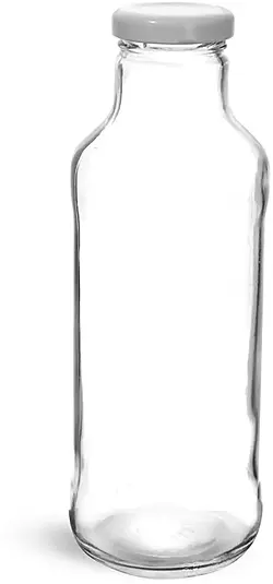 16 oz Clear Glass Beverage Bottles w/ White Metal Lined Lug Caps