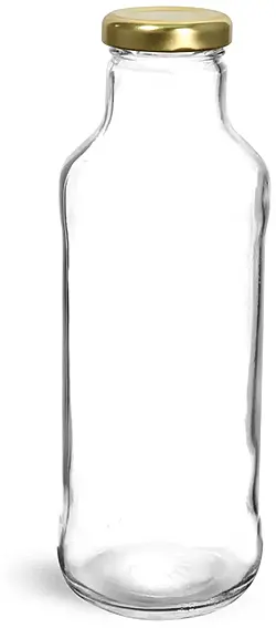 16 oz Clear Glass Beverage Bottles w/ Gold Metal Lugs Caps