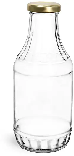 16 oz Clear Glass Sauce Bottles w/ Gold Metal Lug Caps