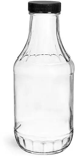 16 oz Clear Glass Sauce Decanter Bottles w/ Ribbed Black Lined Caps