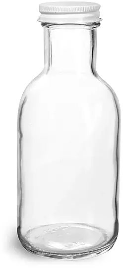 12 oz Glass Bottles, Clear Glass Stout Bottles w/ White Metal Caps