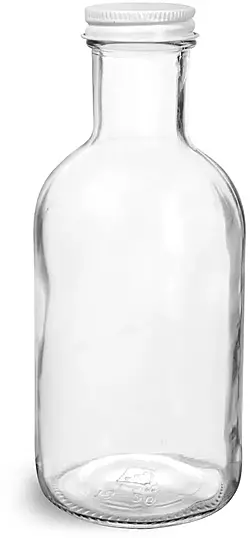 16 oz Glass Bottles, Clear Glass Stout Bottles w/ White Metal Caps