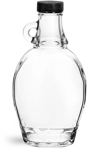 8 oz Clear Glass Syrup Bottles w/ Black Ribbed PE Lined Caps