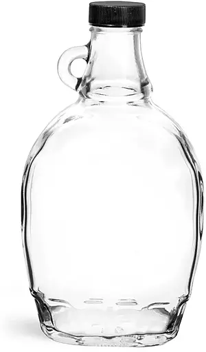 12 oz Clear Glass Syrup Bottles w/ Black Ribbed PE Lined Caps