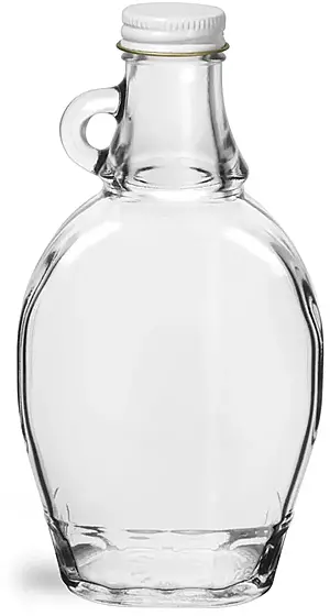 8 oz Glass Bottles, Clear Glass Syrup Bottles w/ White Metal Plastisol Lined Caps