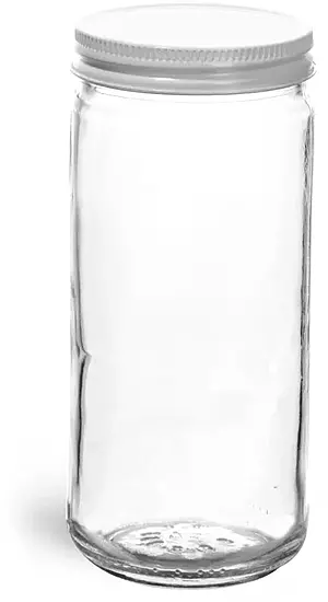 8 oz Clear Glass Paragon Jars w/ White Metal Foil Lined Caps