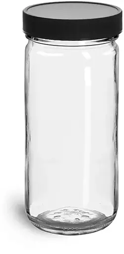 8 oz Clear Glass Paragon Jars w/  Lined Black Ribbed Plastic Caps