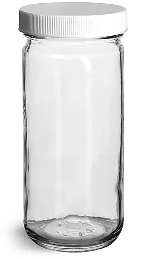 8 oz Clear Glass Paragon Jars w/ Lined White Ribbed Plastic Caps