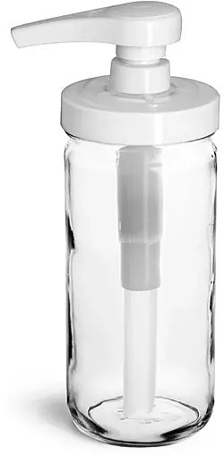 8 oz Glass Jars, Clear Glass Paragon Jars w/ White Polypropylene Pumps