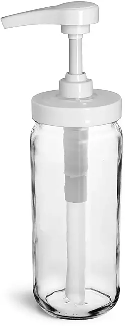 12 oz  Glass Jars, Clear Glass Paragon Jars w/ White Polypropylene Pumps