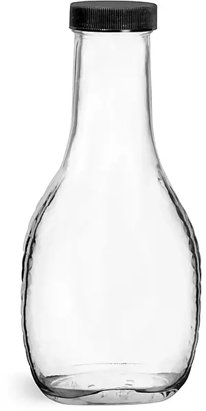 8 oz Clear Glass Salad Dressing Bottles w/ Ribbed Black Lined Caps