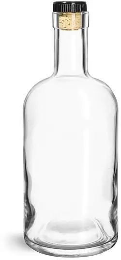 750 ml Glass Bottles, Clear Glass Bar Top Bottle w/ Black Ribbed Bar Top Corks