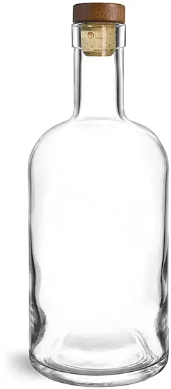 750 ml Glass Bottles, Clear Glass Bar Top Bottles w/ Stained Wood Bar Tops & Natural Corks