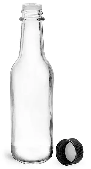 5 oz Clear Glass Sauce Bottles w/ Black Ribbed Lined Caps & Orifice Reducers
