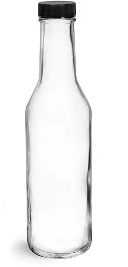8 oz Clear Glass Sauce Bottles w/ Black Ribbed Lined Caps & Orifice Reducers