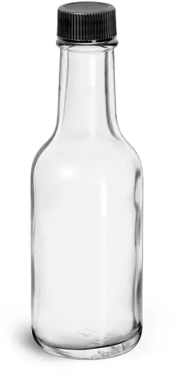 1.7 oz Glass Bottles, Clear Glass Woozy Bottle w/ Black Ribbed Lined Caps