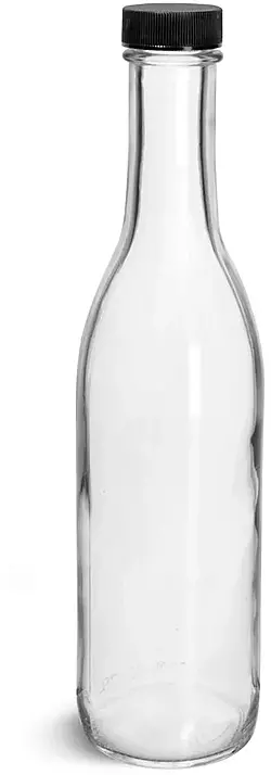 12 oz Glass Bottles, Clear Glass Woozy Bottle w/ Black Ribbed Lined Caps