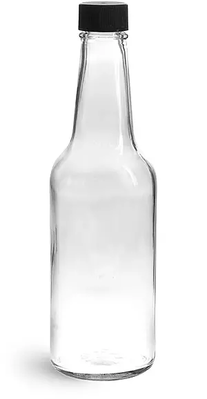 10 oz Clear Glass Sauce Bottles w/ Black Ribbed Lined Caps & Orifice Reducers