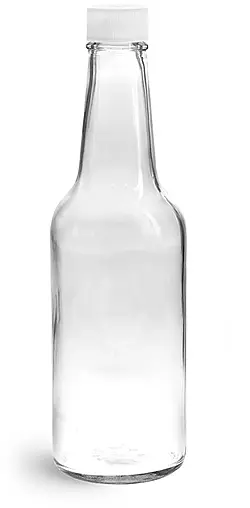 10 oz Clear Glass Sauce Bottles w/ White Ribbed Lined Caps & Orifice Reducers