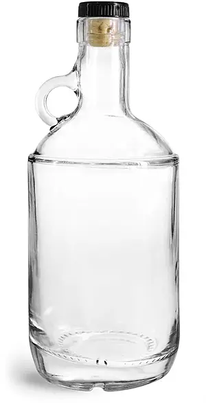 750 ml Glass Bottles, Clear Glass Moonshine Bottles w/ Black Ribbed Bar Tops & Natural Corks