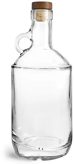 750 ml Glass Bottles, Clear Glass Moonshine Bottles w/ Stained Wood Bar Tops & Natural Corks