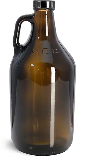 64 oz Growlers, Amber Glass Jugs w/ Handles & Black Phenolic Cone Lined Caps