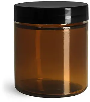 4 oz Amber Glass Straight Sided Jars w/ Smooth Black Lined Caps