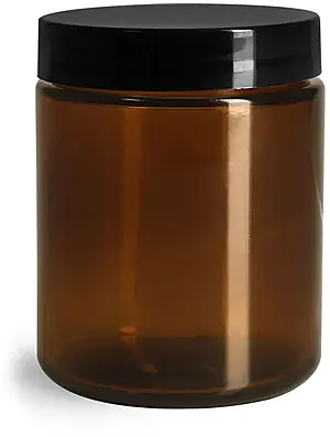 8 oz Amber Glass Straight Sided Jars w/ Smooth Black Lined Caps