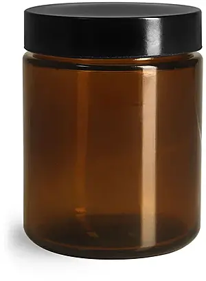 8 oz Amber Glass Straight Sided Jars w/ Black Phenolic PV Lined Caps