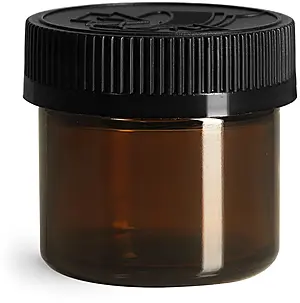 2 oz Glass Jars, Amber Glass Straight Sided Jars w/ Black Child Resistant Caps