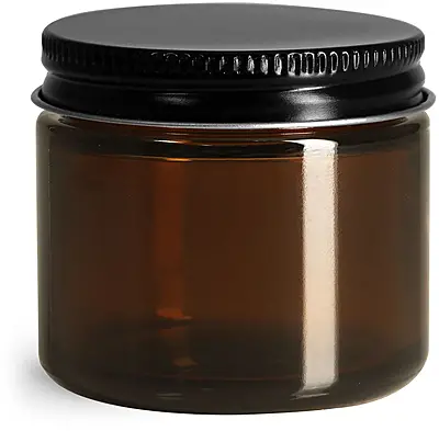 2 oz Glass Jars, Amber Glass Straight Sided Jars w/ Black Metal Foil Lined Caps