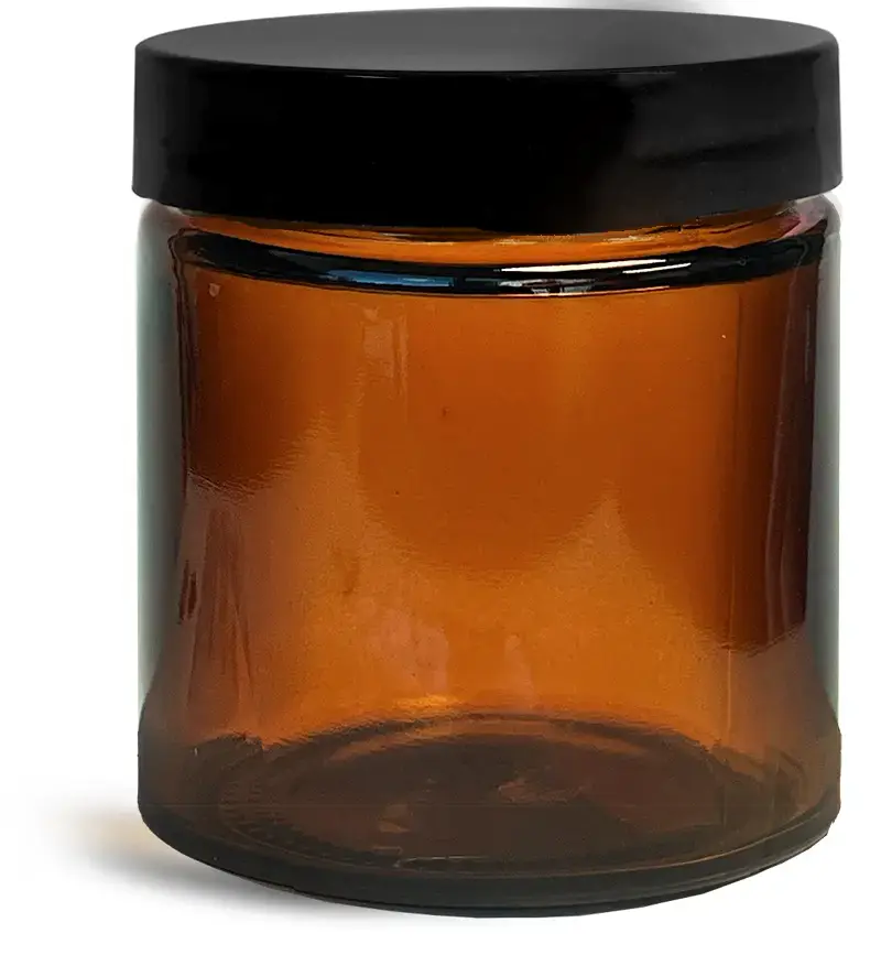 4 oz Amber Glass Straight Sided Jars w/ Black Smooth PE Lined Caps