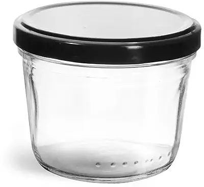 230 ml Clear Glass Wide Mouth Tapered Jars w/ Black Metal Lug Caps