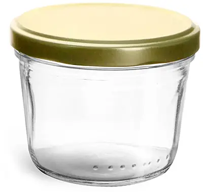 230 ml Clear Glass Wide Mouth Tapered Jars w/ Gold Metal Lug Caps