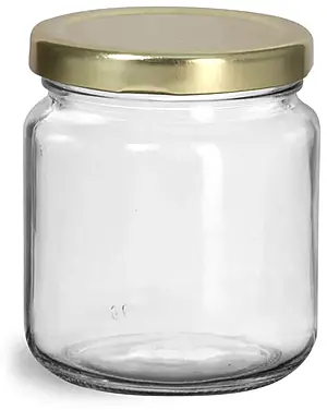200 ml  Glass Jars, Clear Glass Wide Mouth Jars w/ Gold Metal Plastisol Lined Lug Caps