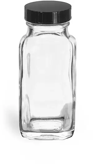 2 oz Clear Glass French Square Bottles w/ Black Phenolic Cone Lined Caps