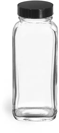 4 oz Clear Glass French Square Bottles w/ Black Phenolic Cone Lined Caps