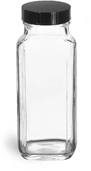 8 oz * Clear Glass French Square Bottles w/ Black Phenolic Cone Lined Caps