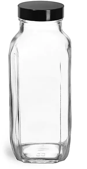 16 oz * Clear Glass French Square Bottles w/ Black Phenolic Cone Lined Caps