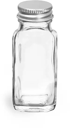2 oz           Clear Glass French Square Bottles w/ Lined Aluminum Caps