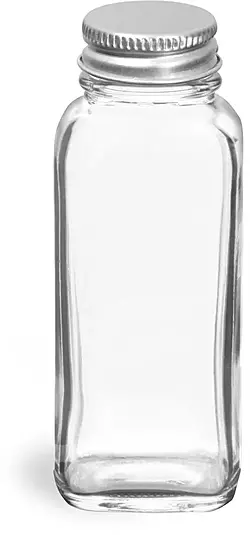 4 oz           Clear Glass French Square Bottles w/ Lined Aluminum Caps