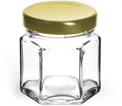 1 1/2 oz Clear Glass Hexagon Jars w/ Gold Lug Caps