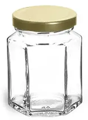 6 oz Clear Glass Hexagon Jars w/ Gold Lug Caps