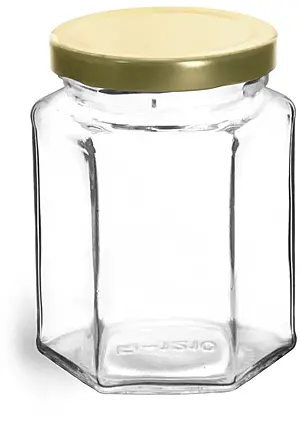 9 oz Clear Glass Hexagon Jars w/ Gold Lug Caps