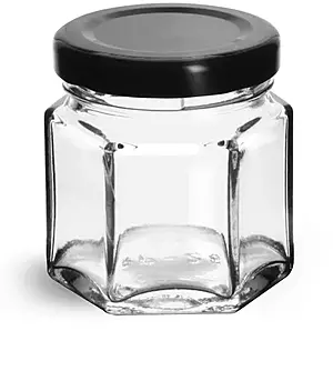 1.5 oz Clear Glass Hexagon Jars w/ Black Metal Lug Caps
