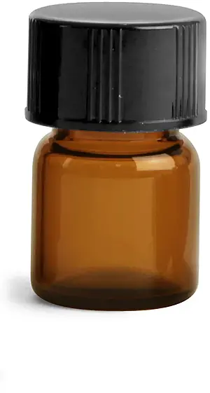 1/2 dram Amber Glass Vials w/ Black Phenolic PV Lined Caps & Orifice Reducers